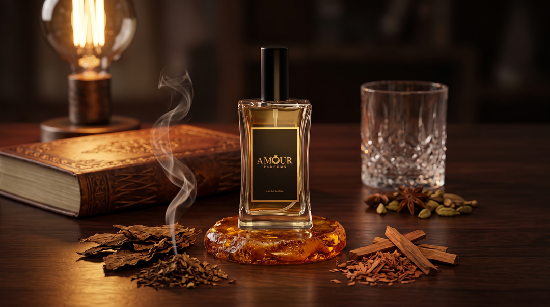 AMOUR Parfums bottle in warm amber light with woody, resinous notes