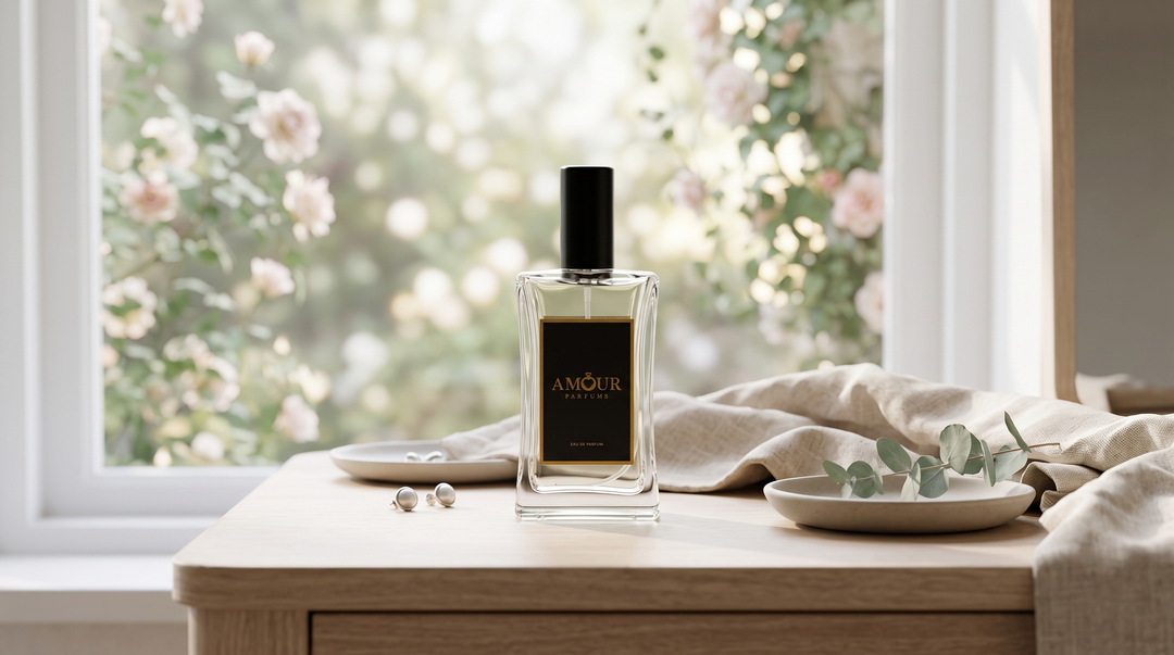 AMOUR Parfums bottle on an elegant minimalist dressing table