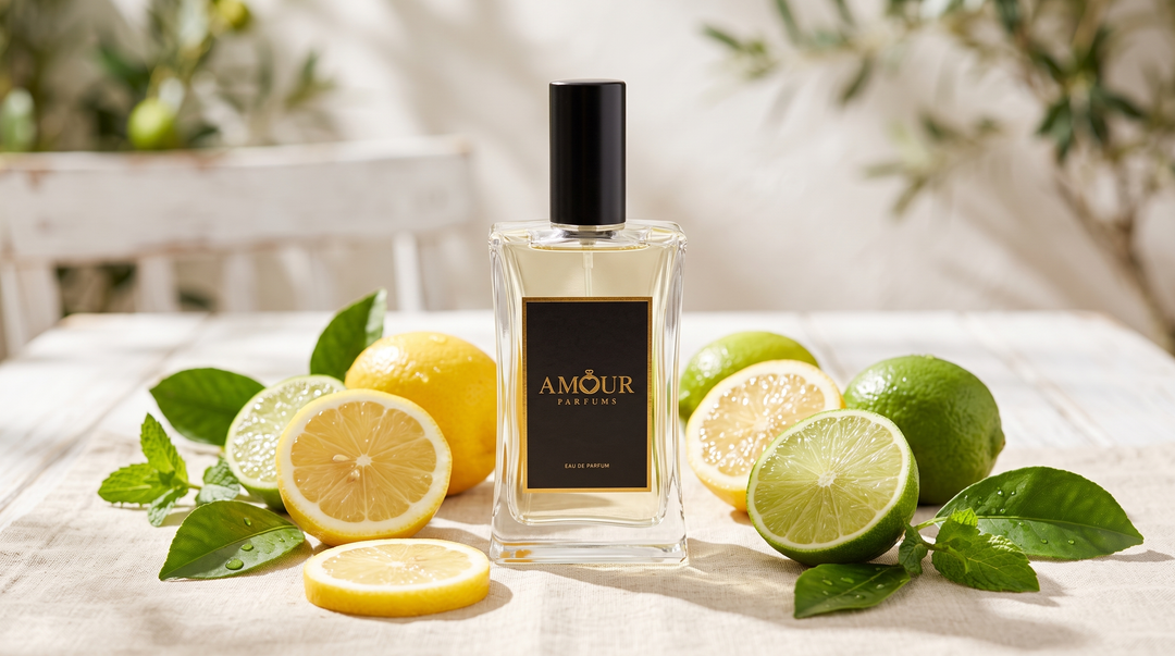 AMOUR Parfums bottle with fresh citrus in bright summer light