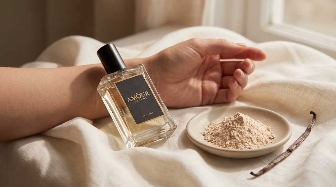 AMOUR Parfums bottle on ivory linen in warm natural light