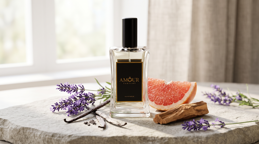 AMOUR Parfums bottle with lavender and vanilla on pale stone